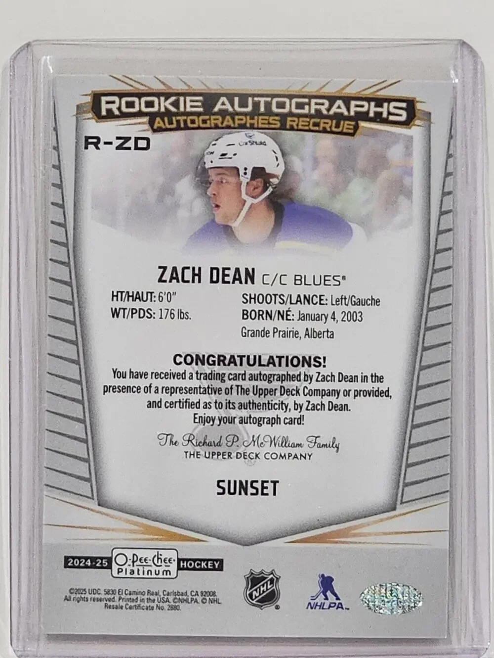 2022-23 O-Pee-Chee Platinum Rookie Autograph Zach Dean St. Louis Blues SUNSET